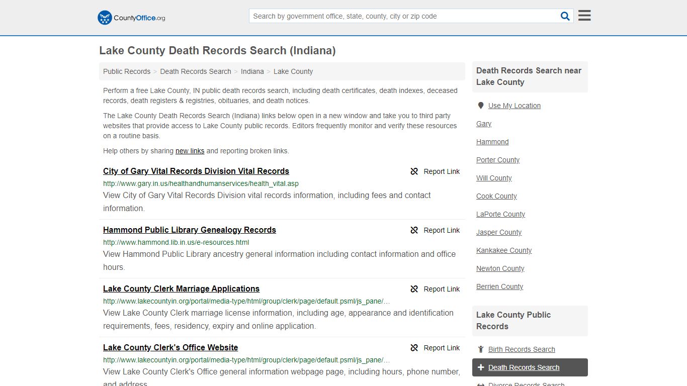 Lake County Death Records Search (Indiana) - County Office