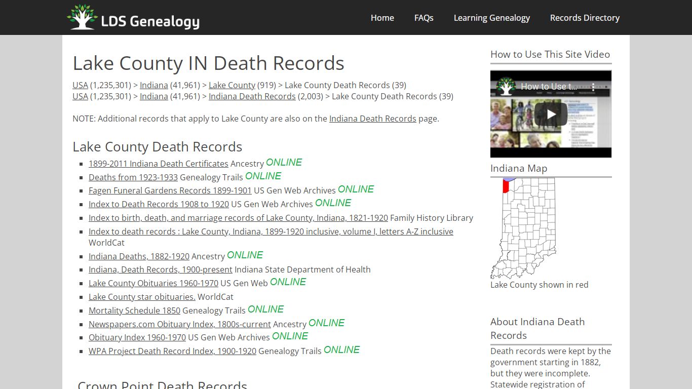 Lake County IN Death Records - LDS Genealogy