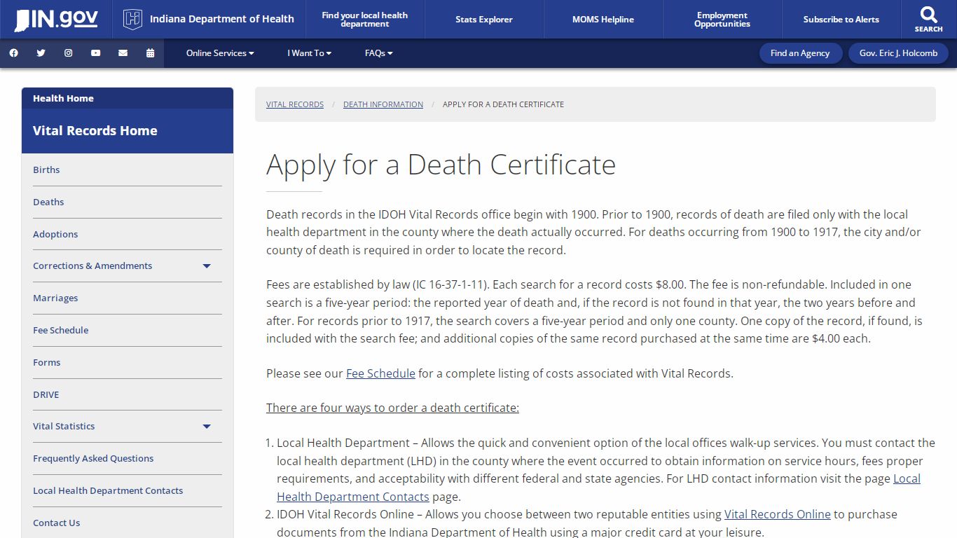 Health: Vital Records: Apply for a Death Certificate